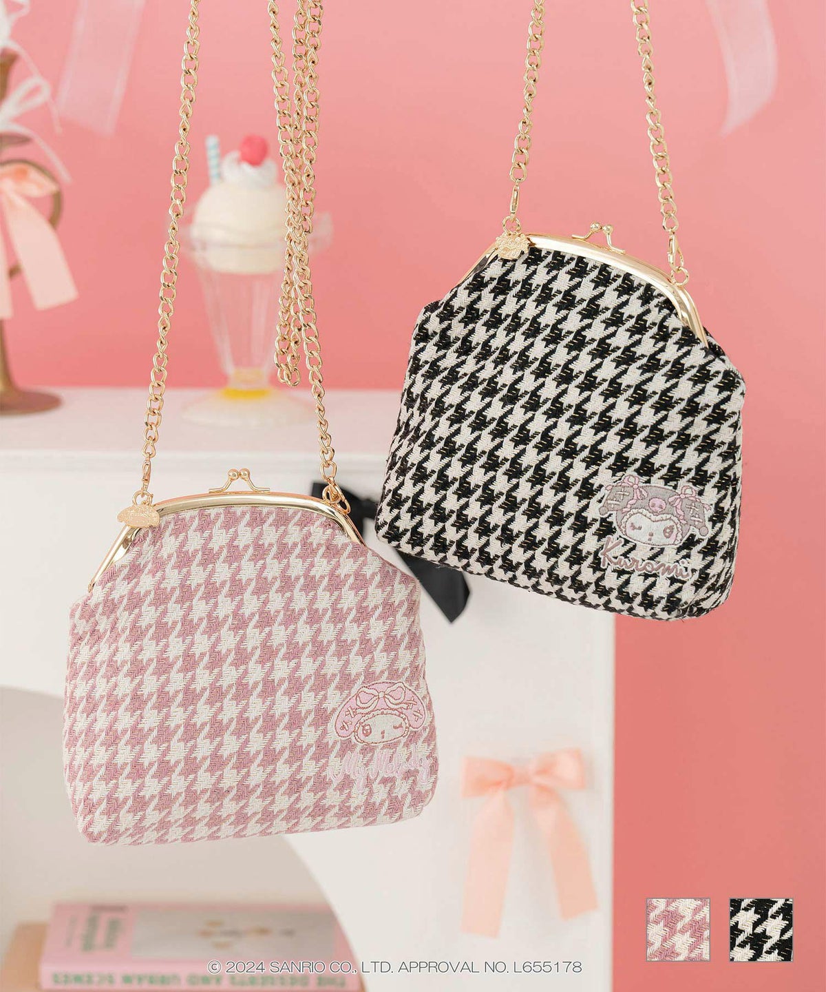 サンリオ マイメロディ クロミ チャーム 千鳥格子 ツイード サンリオキャラクターズ コラボ 刺繍がま口 チェーンバッグ miolite