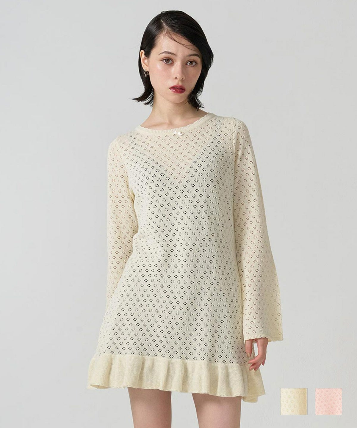 ミニ丈 透かし編みニットワンピース, ワンピース, TINA：JOJUN, 休日、女子会、デート、通学 ミニ丈 透かし編みニットワンピース TINA：JOJUN