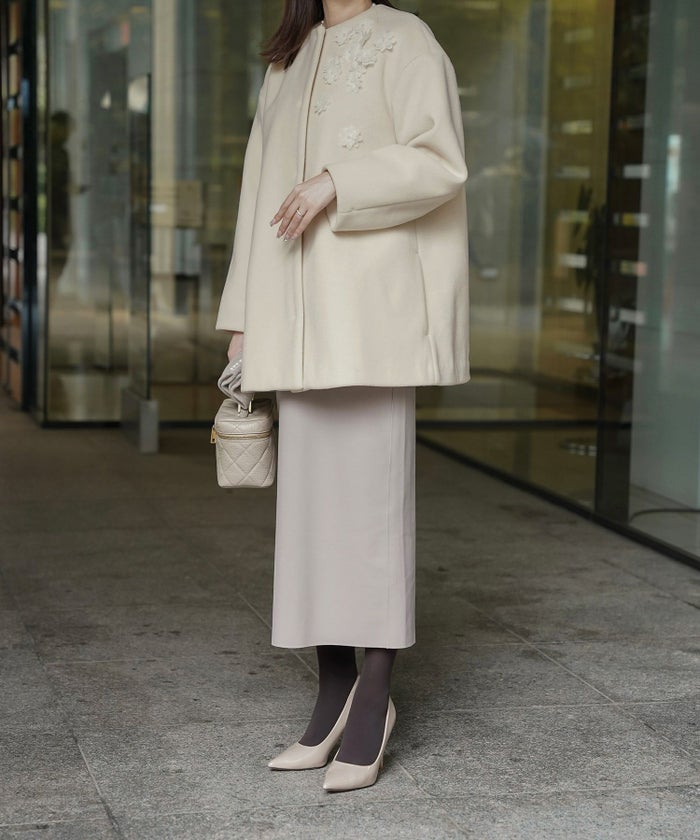 ミドル丈 パール 起毛 アシンメトリー 冬/アイボリー/ブラック/M