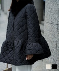 エレガント きれいめ 中綿 冬 ベルスリーブ ペプラム キルティング コート  HUIT