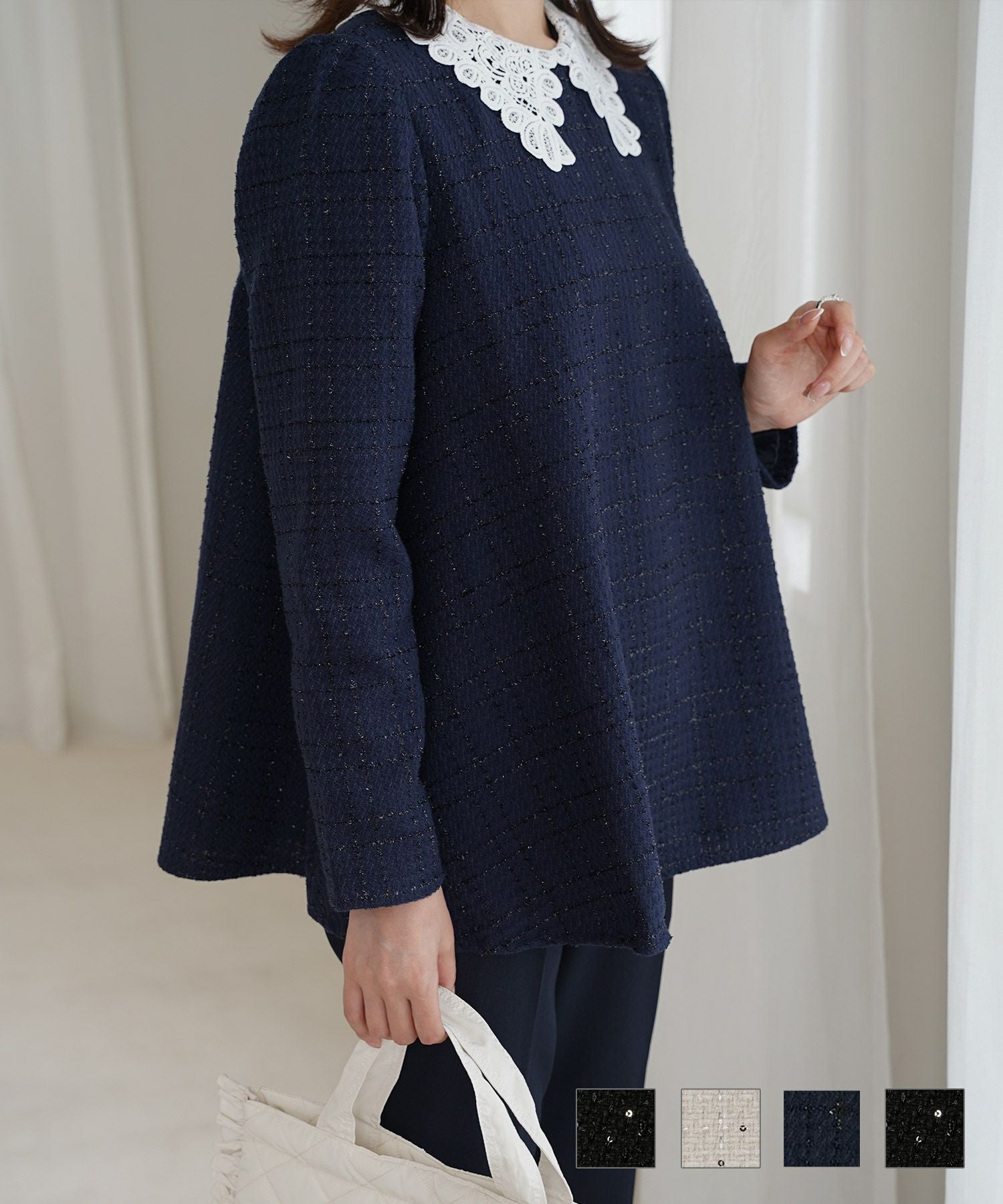 レース襟付き スパンコール ツイード トップス HUIT 全4色｜hit841