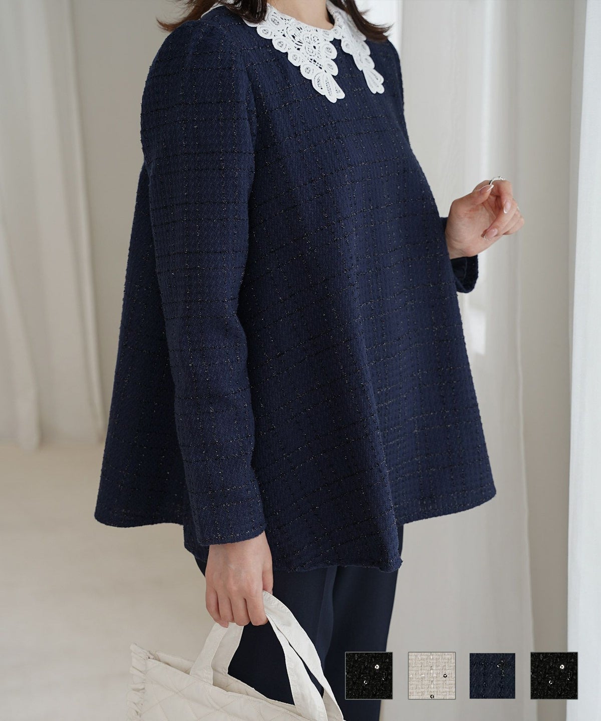レース襟付き スパンコール ツイード トップス ブラックミックス アイボリー ネイビー ブラック レース襟付き スパンコール ツイード トップス HUIT