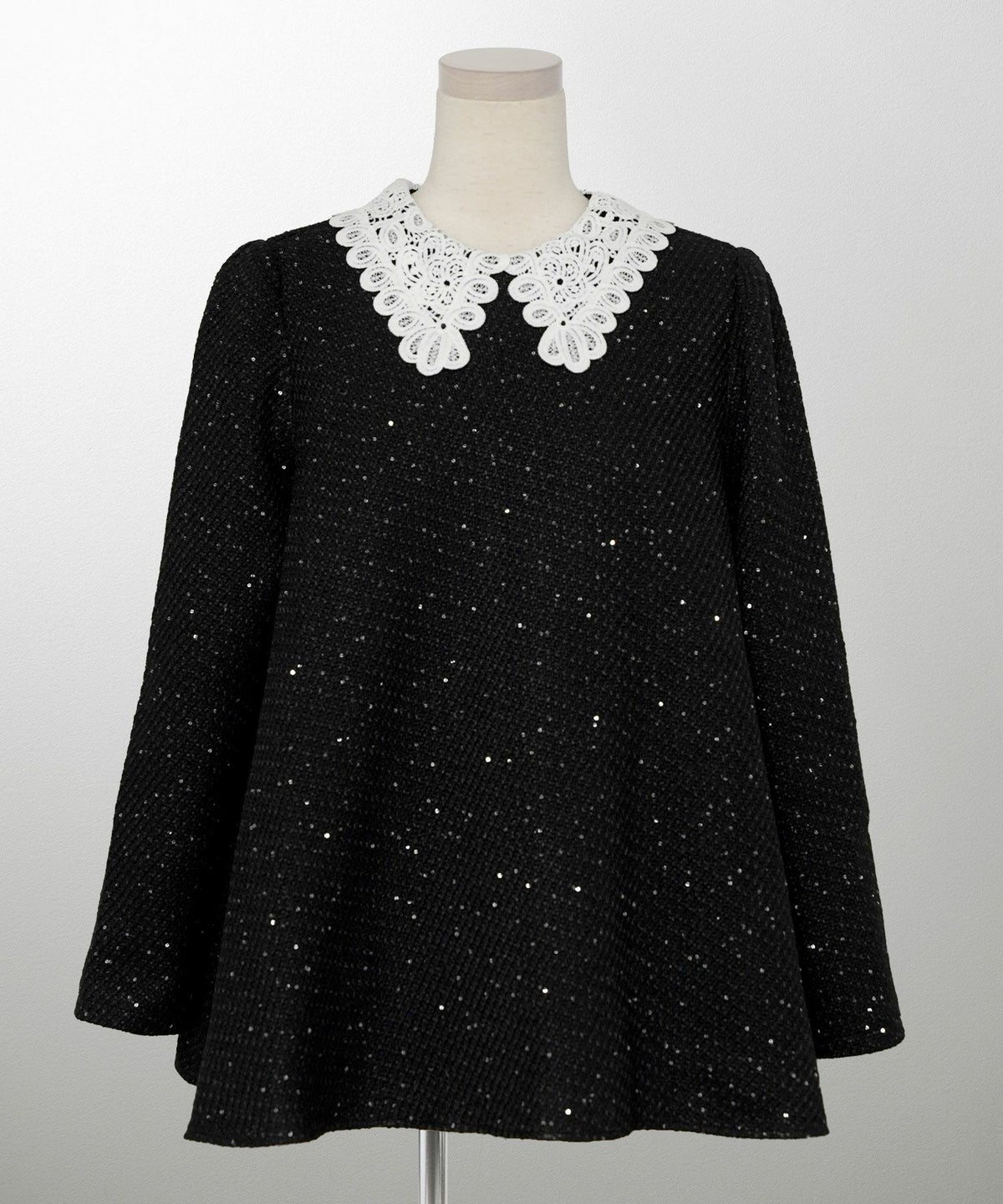 パフスリーブ フレア 上品 秋冬 チュニック/ブラックミックス/ネイビー/アイボリー/ブラック/M