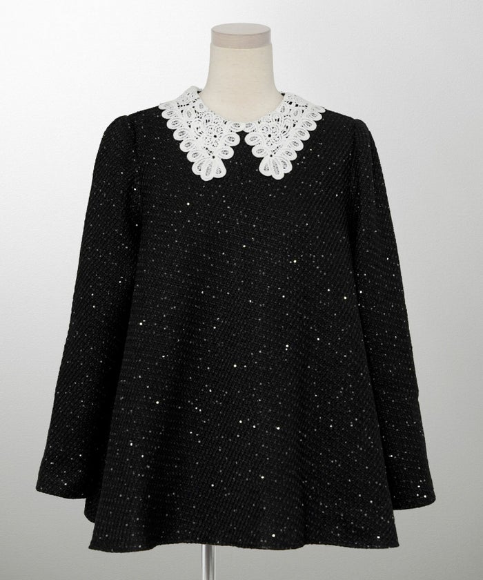 パフスリーブ フレア 上品 秋冬 チュニック/ブラックミックス/ネイビー/アイボリー/ブラック/M