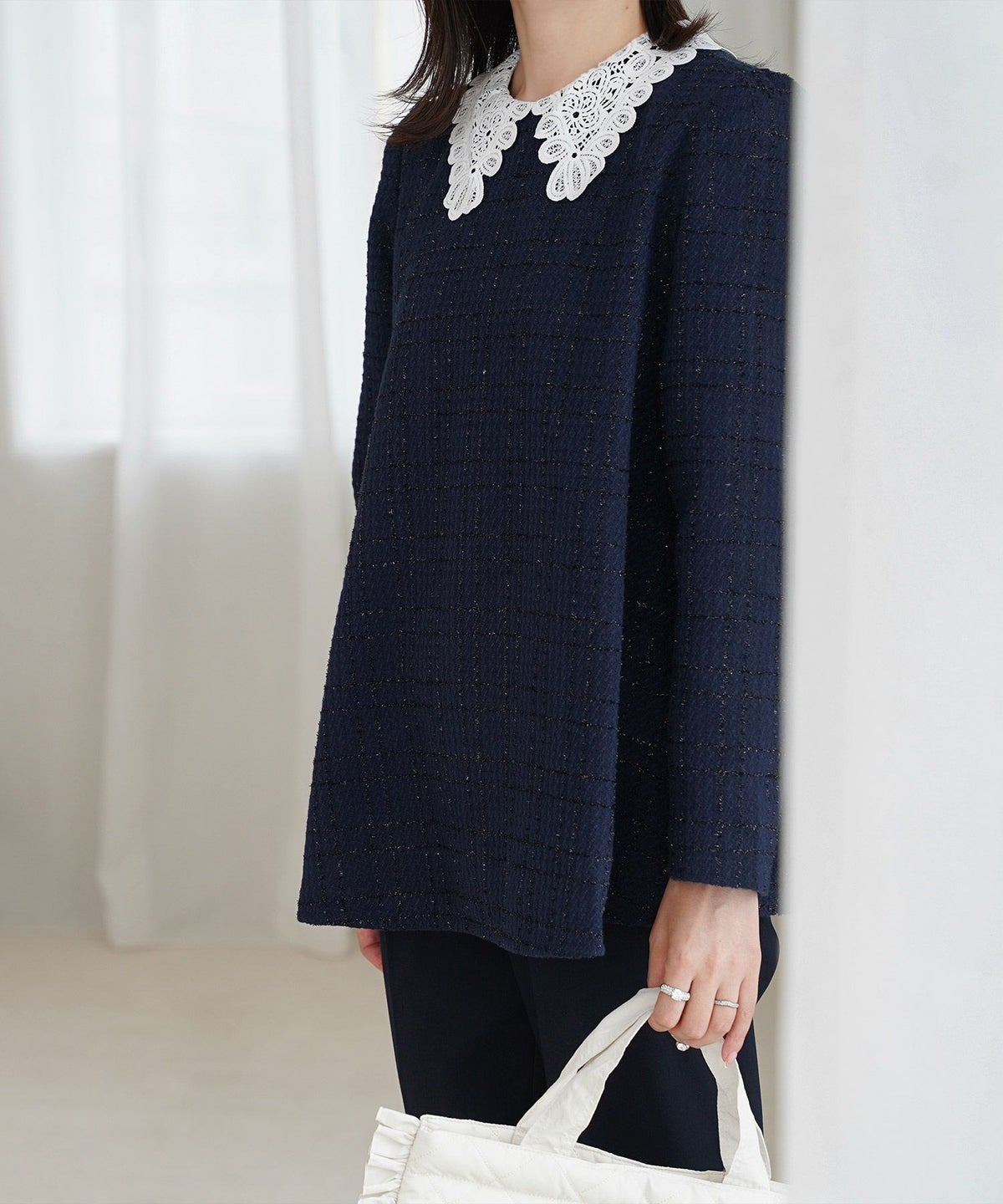 パフスリーブ フレア 上品 秋冬 チュニック/ブラックミックス/ネイビー/アイボリー/ブラック/M