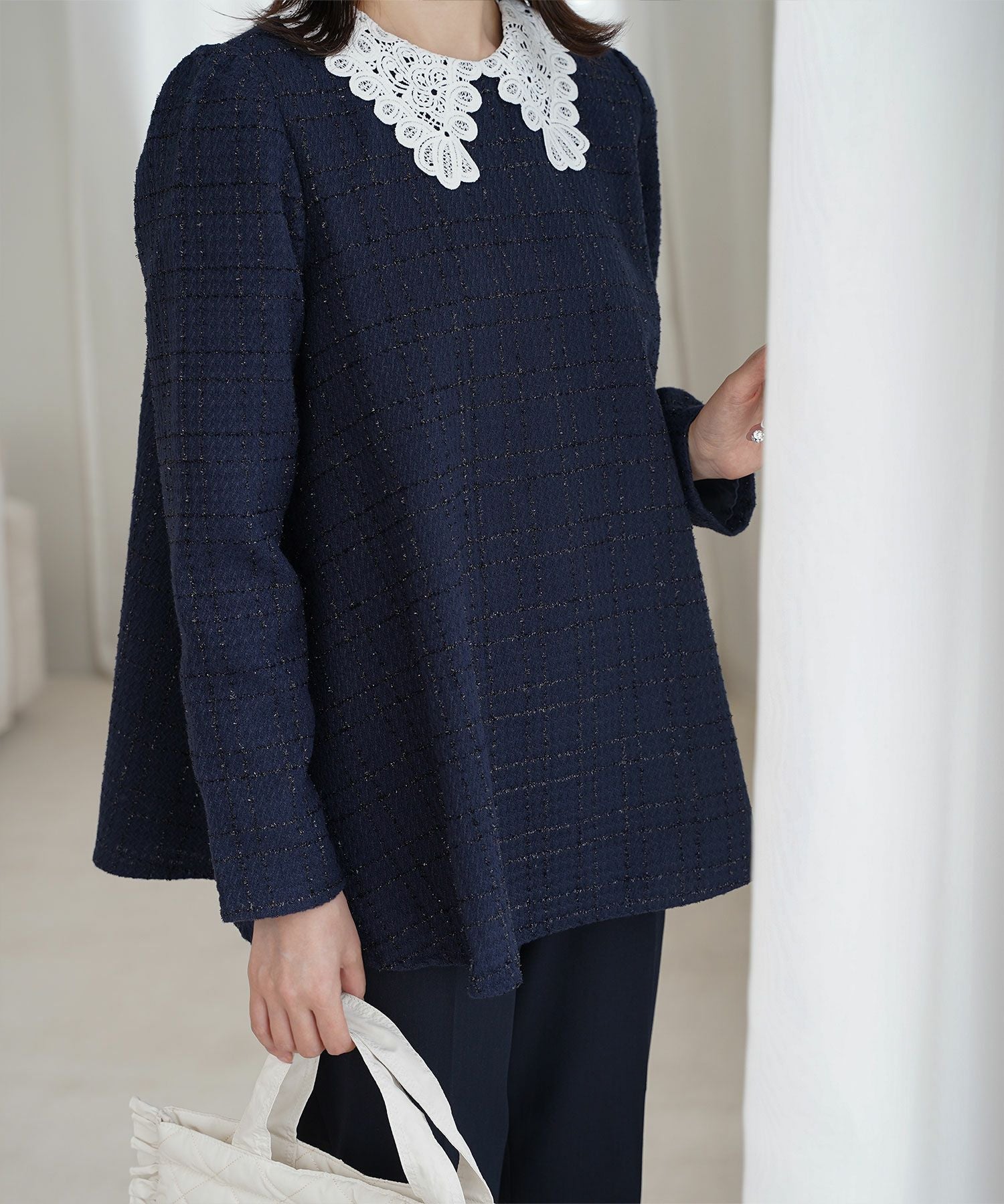 レース襟付き スパンコール ツイード トップス HUIT