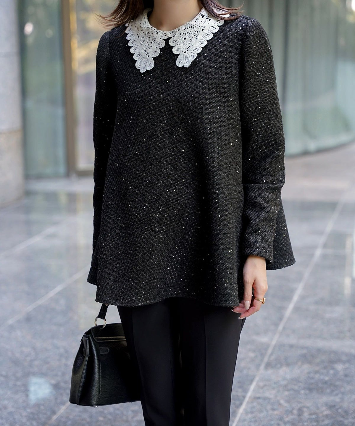 パフスリーブ フレア 上品 秋冬 チュニック/ブラックミックス/ネイビー/アイボリー/ブラック/M