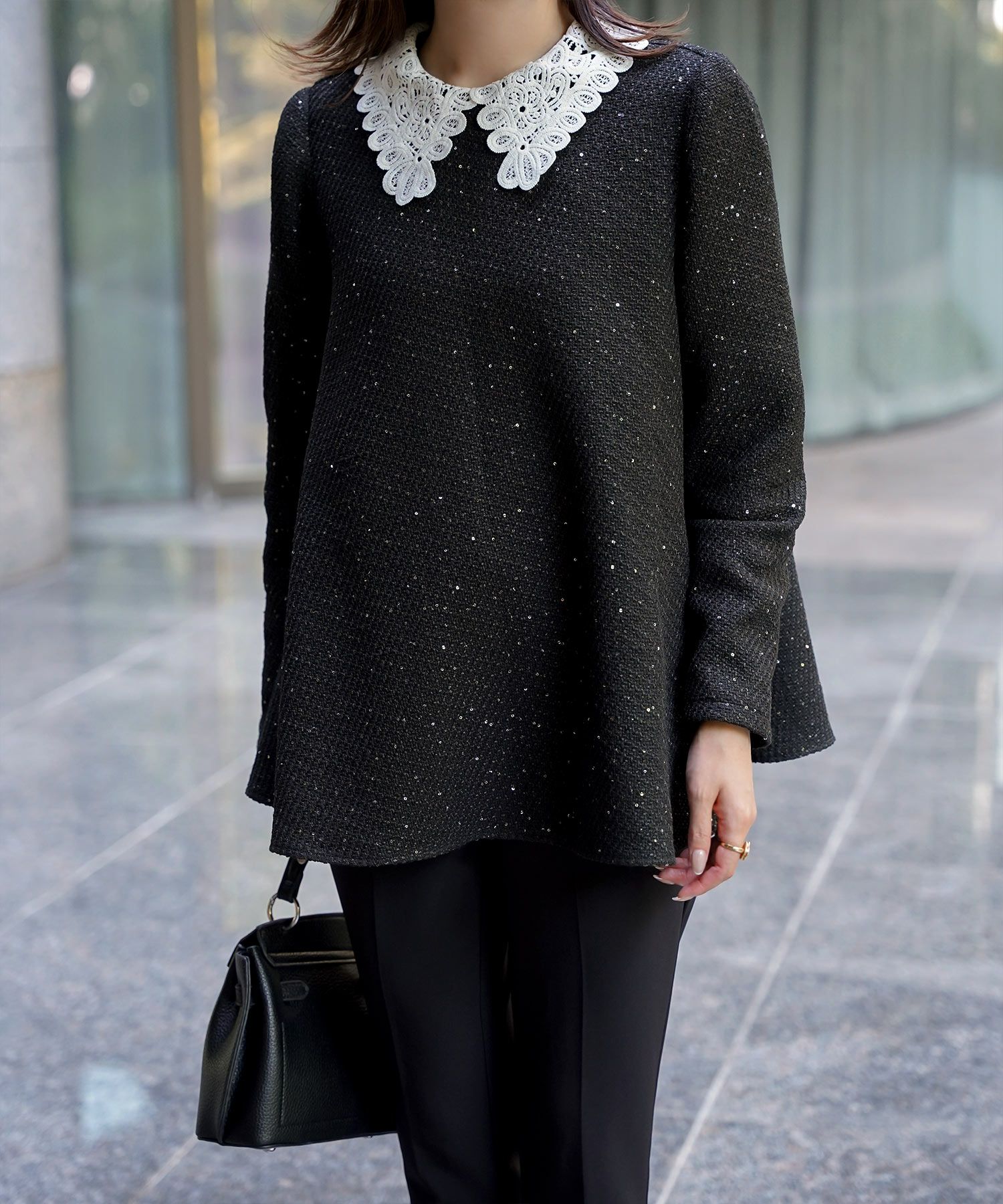 レース襟付き スパンコール ツイード トップス HUIT