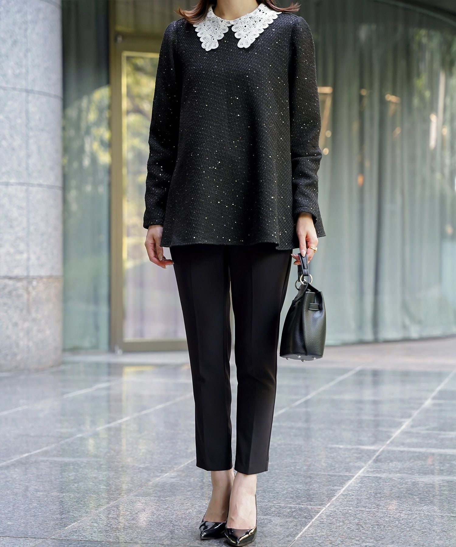 レース襟付き スパンコール ツイード トップス HUIT 全4色｜hit841