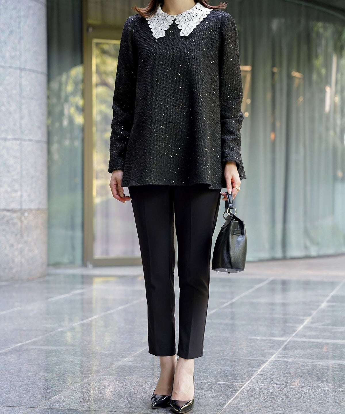 パフスリーブ フレア 上品 秋冬 チュニック/ブラックミックス/ネイビー/アイボリー/ブラック/M