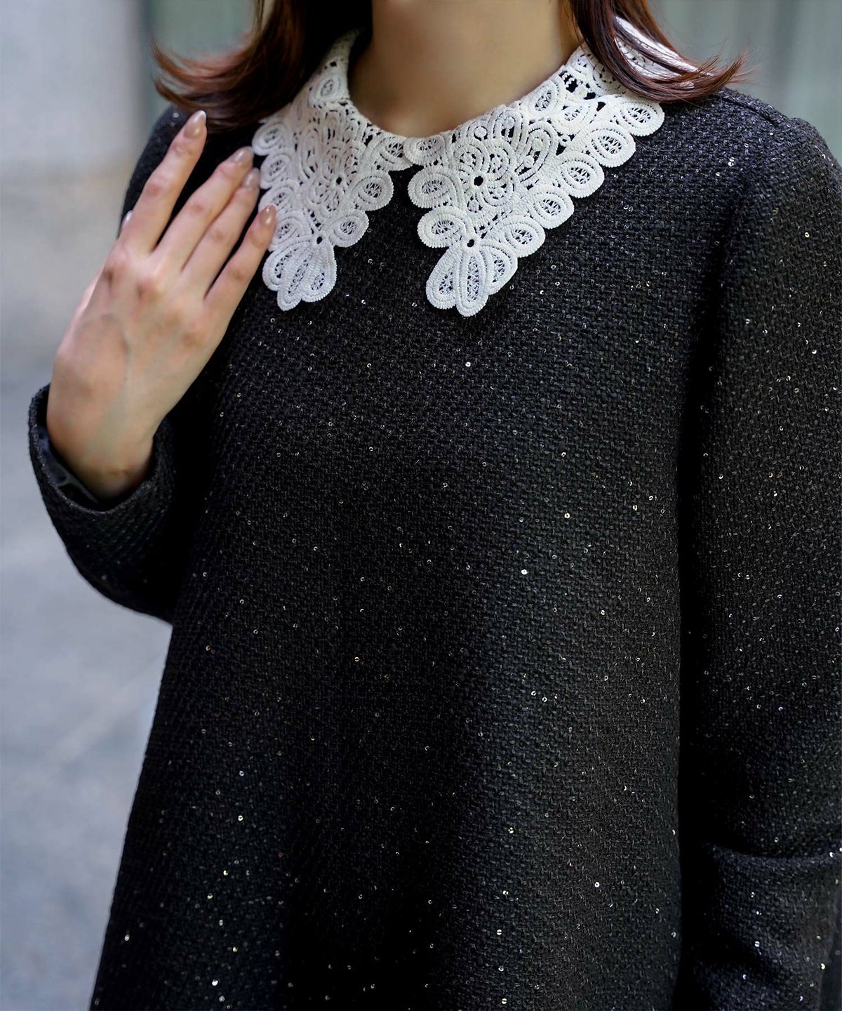 パフスリーブ フレア 上品 秋冬 チュニック/ブラックミックス/ネイビー/アイボリー/ブラック/M