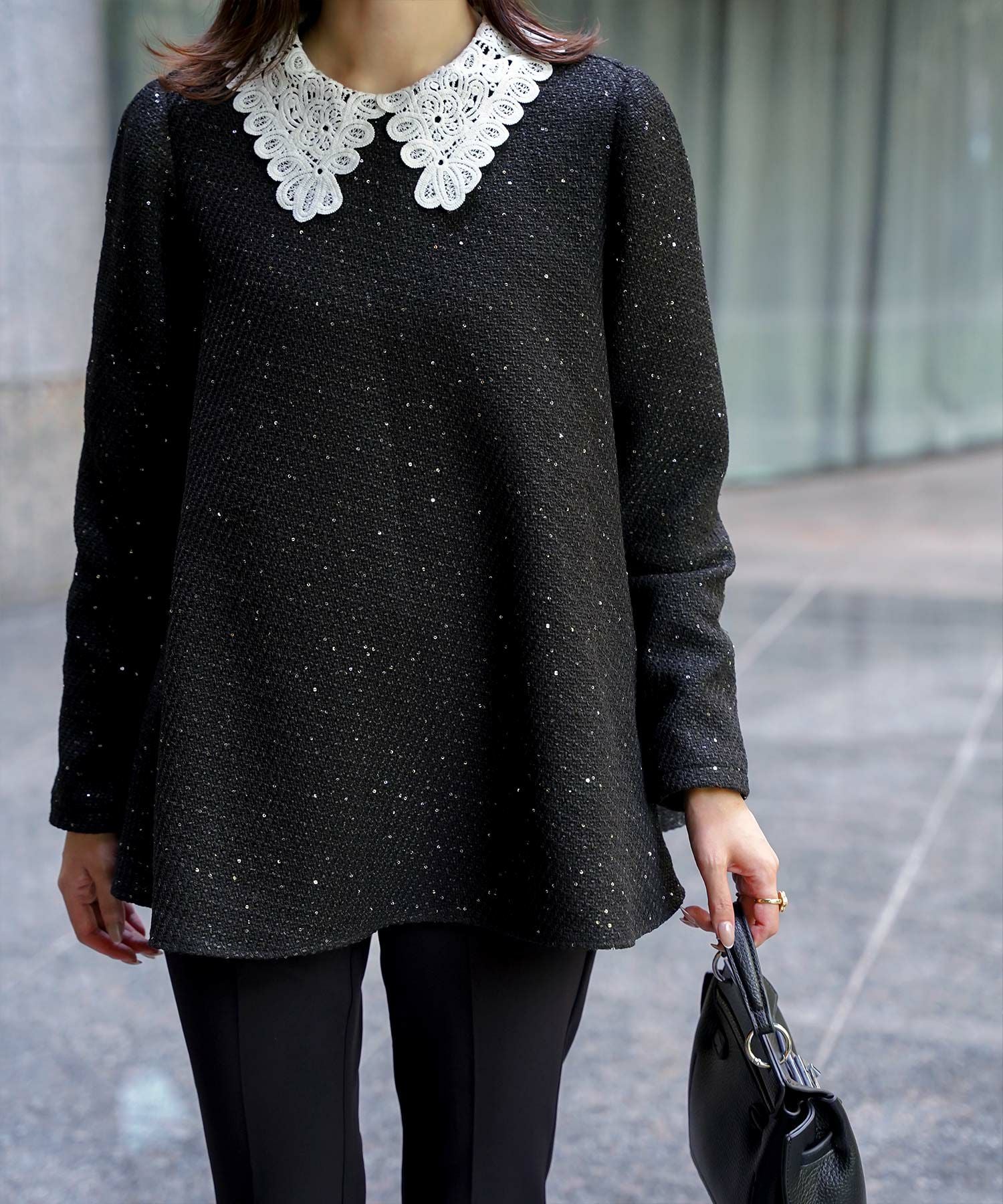 レース襟付き スパンコール ツイード トップス HUIT 全4色｜hit841