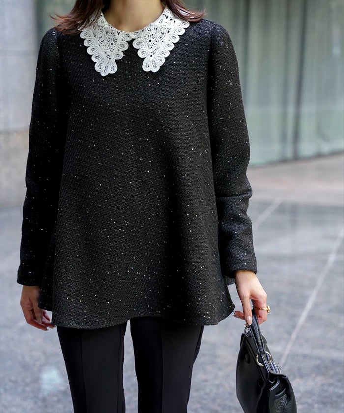 パフスリーブ フレア 上品 秋冬 チュニック/ブラックミックス/ネイビー/アイボリー/ブラック/M