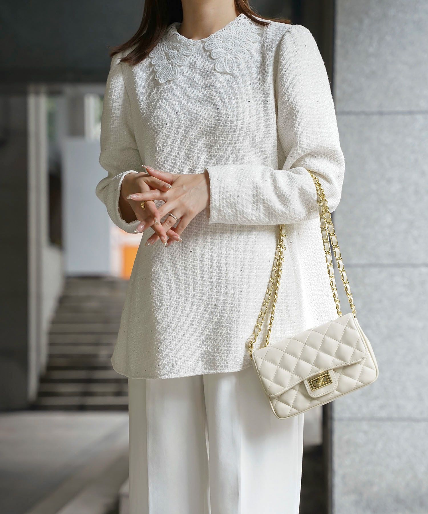 レース襟付き スパンコール ツイード トップス HUIT 全4色｜hit841