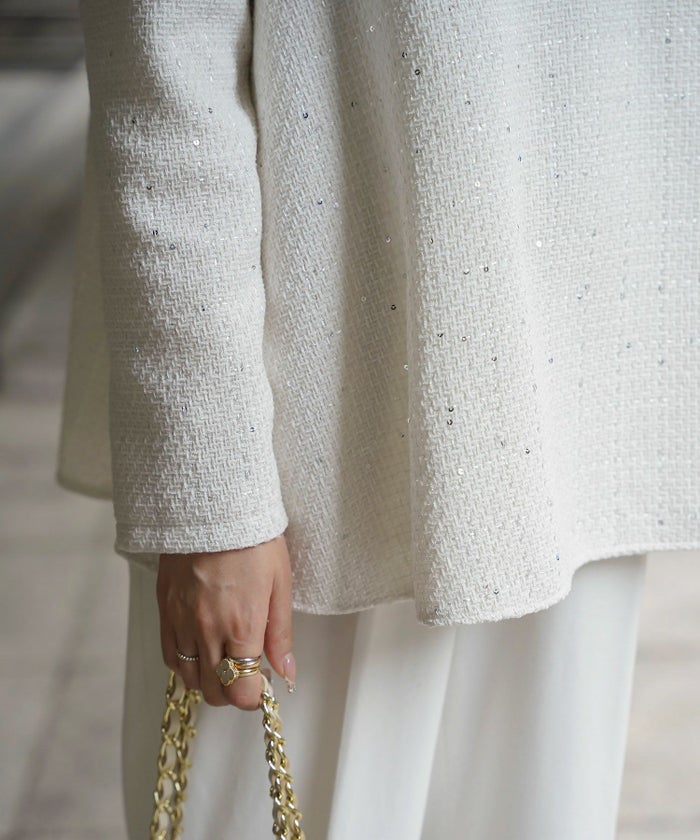 パフスリーブ フレア 上品 秋冬 チュニック/ブラックミックス/ネイビー/アイボリー/ブラック/M