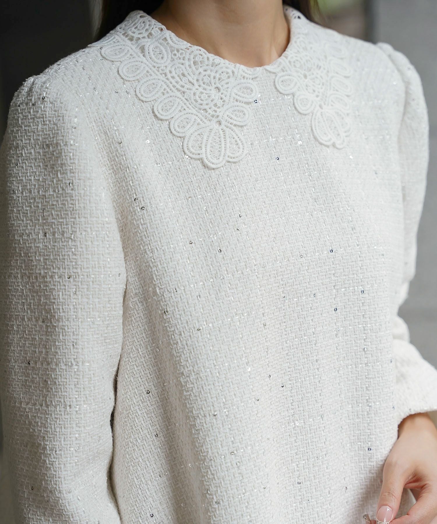 レース襟付き スパンコール ツイード トップス HUIT 全4色｜hit841