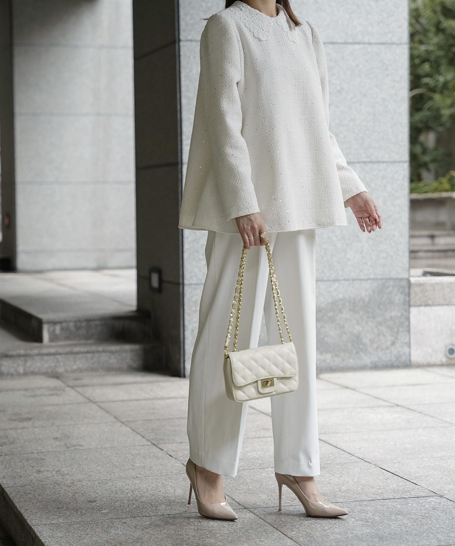 レース襟付き スパンコール ツイード トップス HUIT