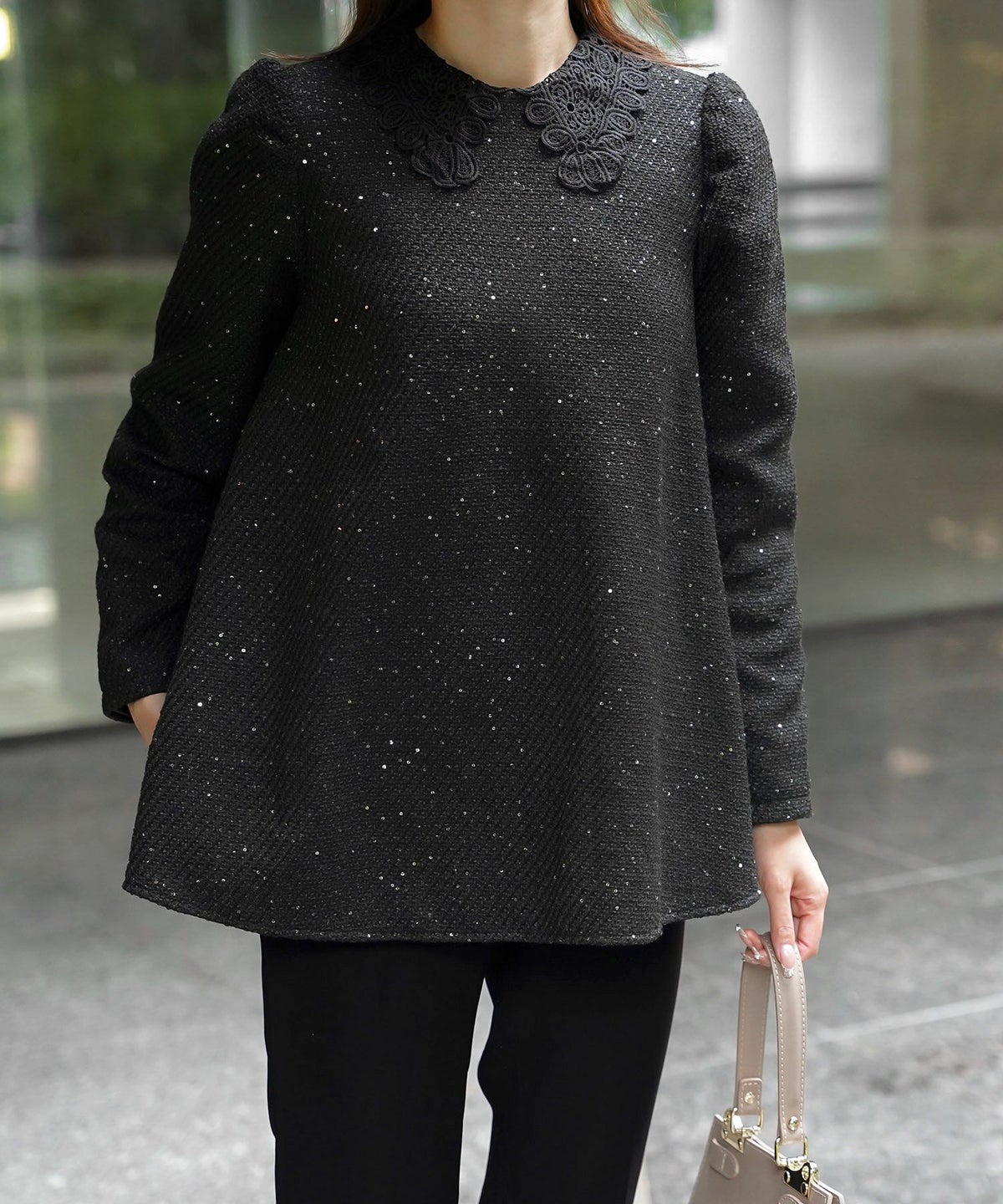 パフスリーブ フレア 上品 秋冬 チュニック/ブラックミックス/ネイビー/アイボリー/ブラック/M