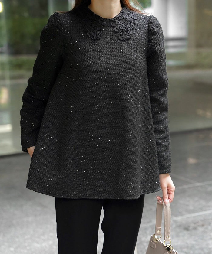 パフスリーブ フレア 上品 秋冬 チュニック/ブラックミックス/ネイビー/アイボリー/ブラック/M