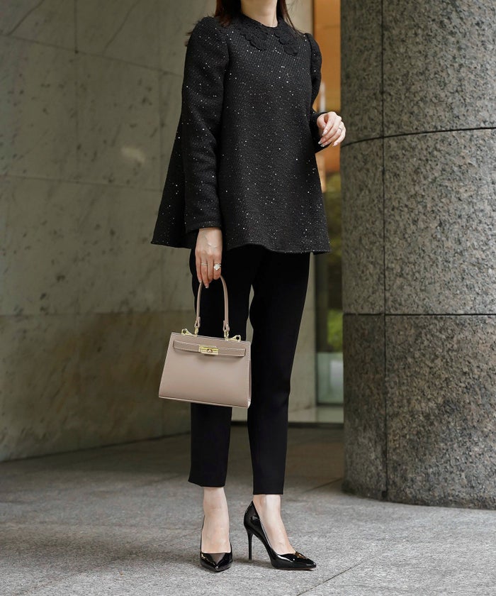 パフスリーブ フレア 上品 秋冬 チュニック/ブラックミックス/ネイビー/アイボリー/ブラック/M