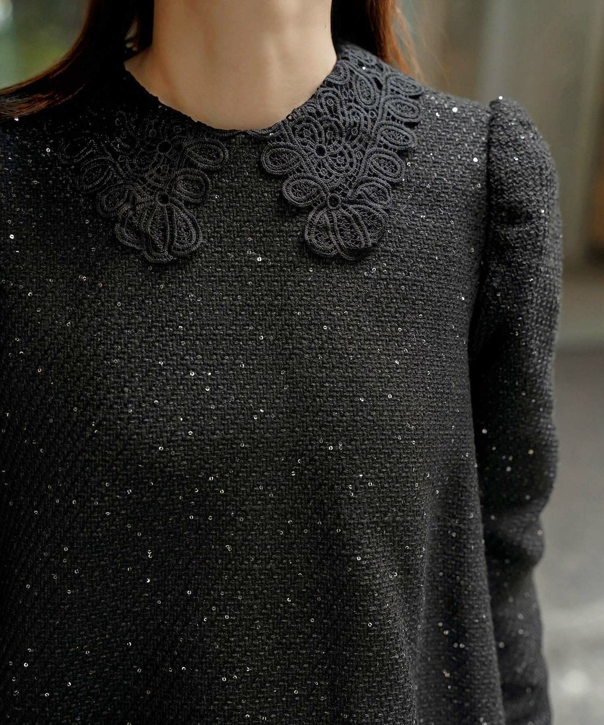 パフスリーブ フレア 上品 秋冬 チュニック/ブラックミックス/ネイビー/アイボリー/ブラック/M