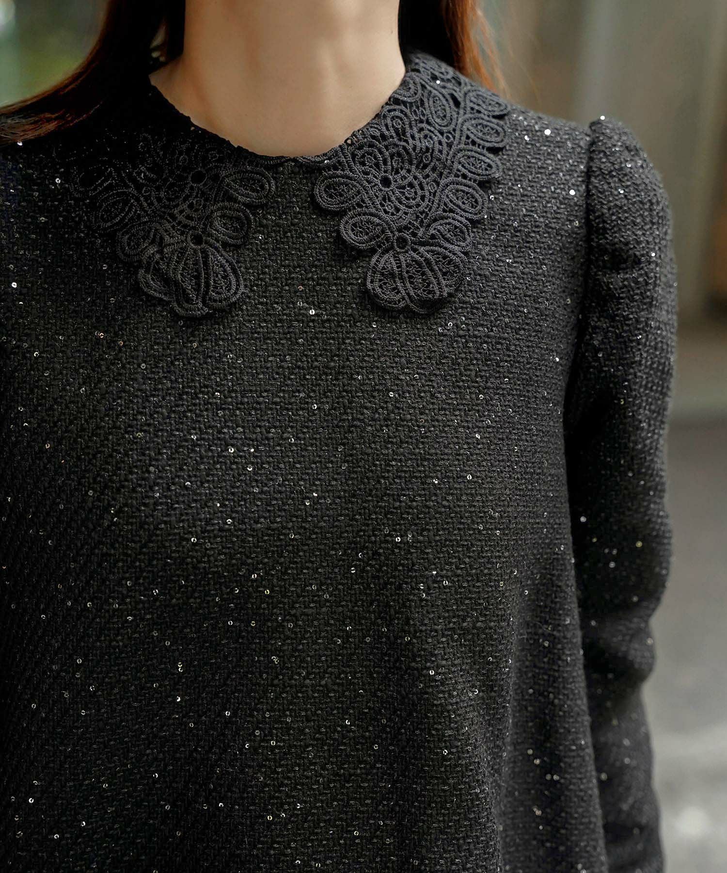 レース襟付き スパンコール ツイード トップス HUIT