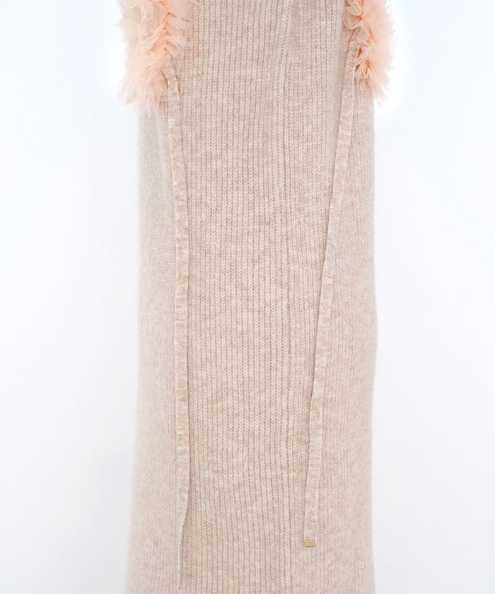 レディース/ワンピース/ニット/厚手/フリル/チュール/リボン/長袖/秋/冬/寒い/着映え/トレンド/流行り/アイボリー/ピンク/チャコール/上品/フェミニン/エレガント/可愛い