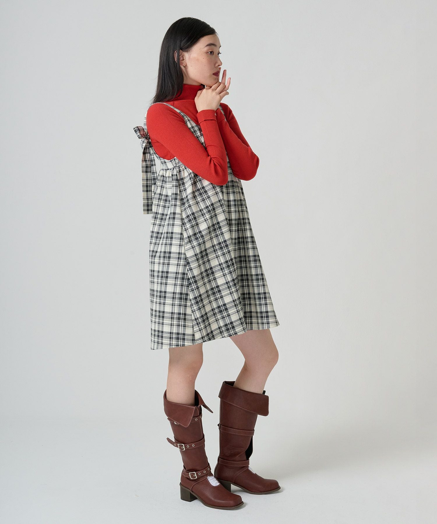 チェック柄 バックリボンワンピース TINA：JOJUN 全2色｜tnj341-0952