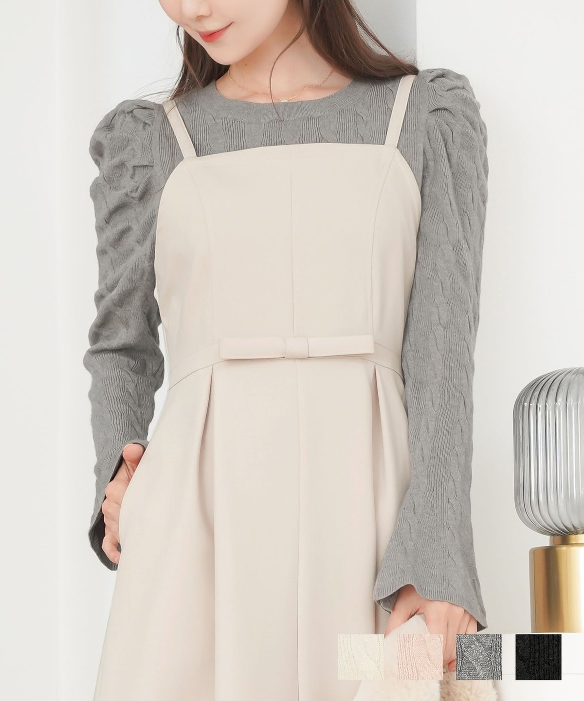 トップス ニット ハイゲージ ケーブル フレア袖 刺繍 袖口 アイボリー ピンクベージュ チャコール ブラック 着回し 活用 春 秋 冬 ロングシーズン 上品 エレガント フェミニン インナー  vaniller オリジナル刺繍入り ケーブル フレア袖 ニット le reve vaniller