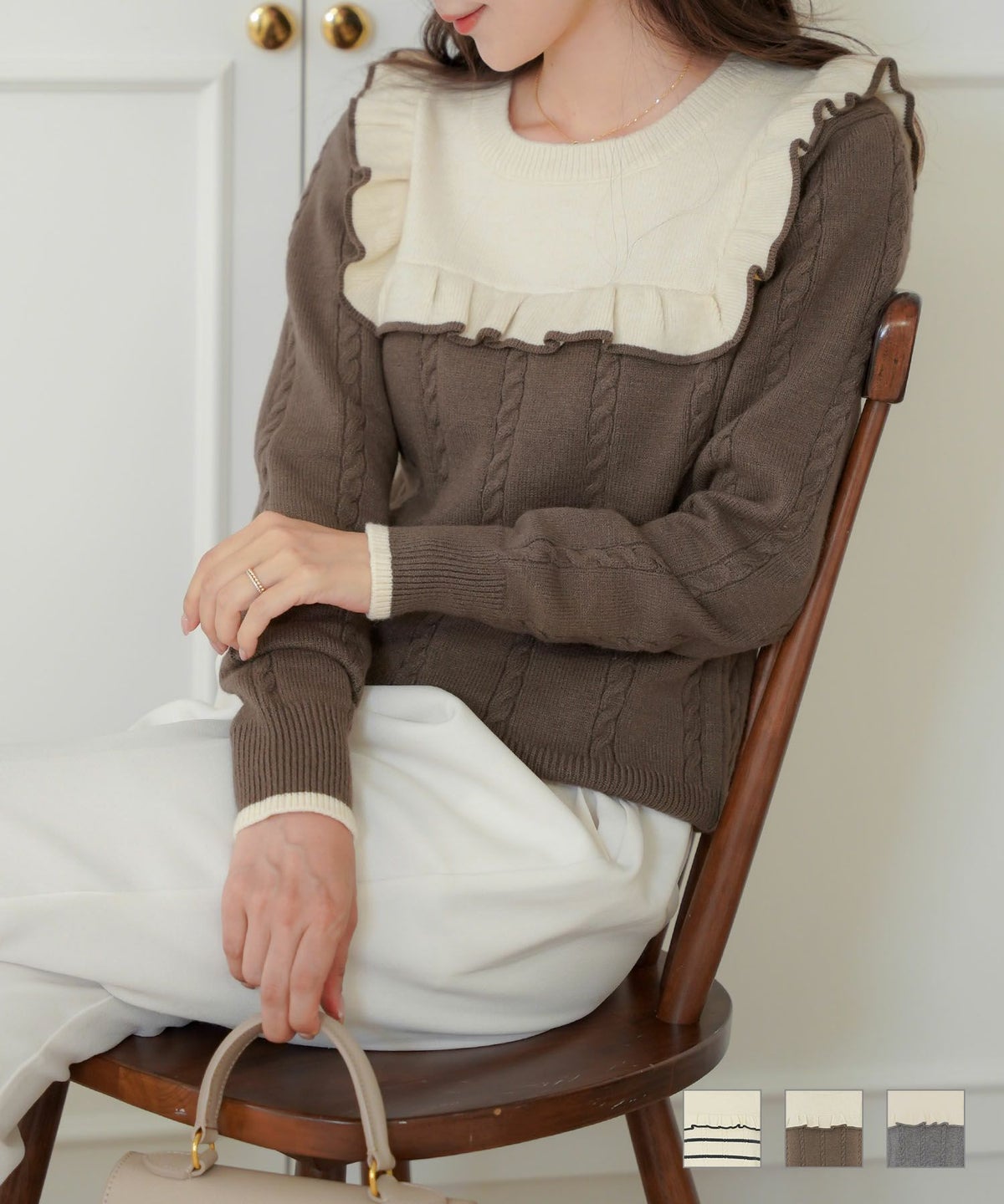 トップス ニット ハイゲージ フリル バイカラー ヨーク クルーネック 長袖 ケーブル 秋 冬 配色 可愛い フェミニン エレガント 上品 キュート カジュアル ネイビー ボーダー マリン モカ ブラウン グレー ライトグレー ケーブル ヨークフリル ニット le reve vaniller
