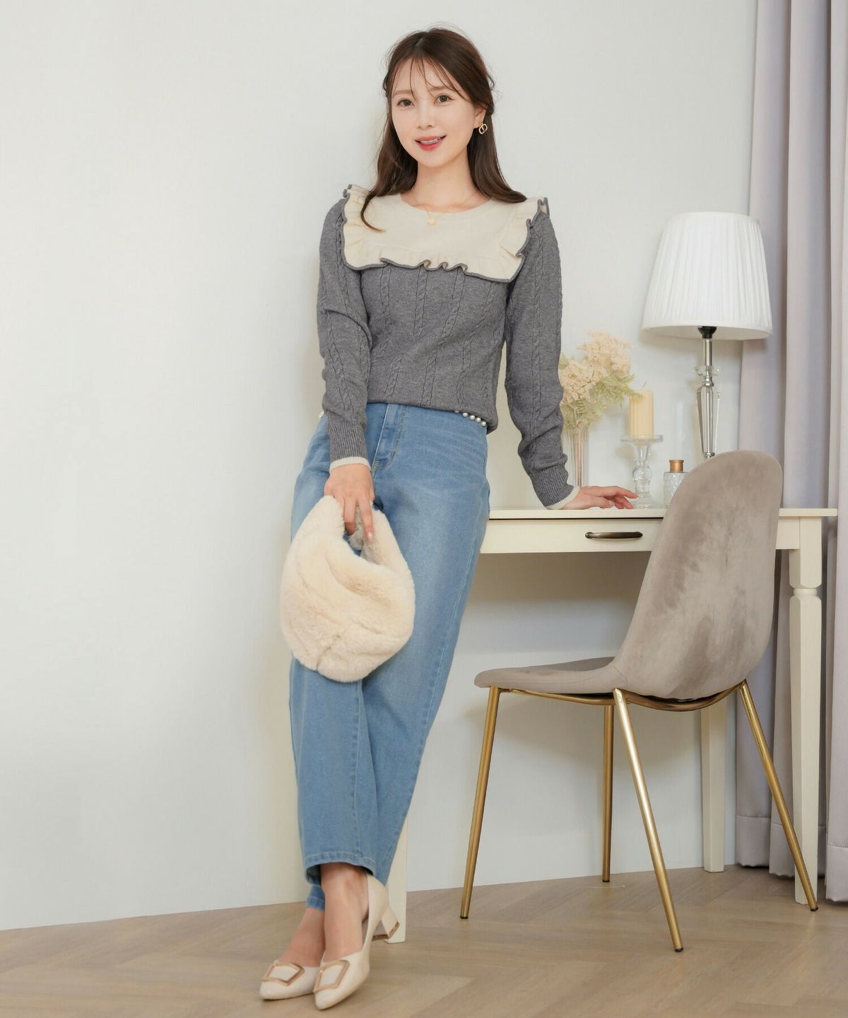 レディース/トップス/ニット/ハイゲージ/フリル/バイカラー/ヨーク/クルーネック/長袖/ケーブル/秋/冬/配色/可愛い/フェミニン/エレガント/上品/キュート/カジュアル/ネイビー/ボーダー/マリン/モカ/ブラウン/グレー/ライトグレー