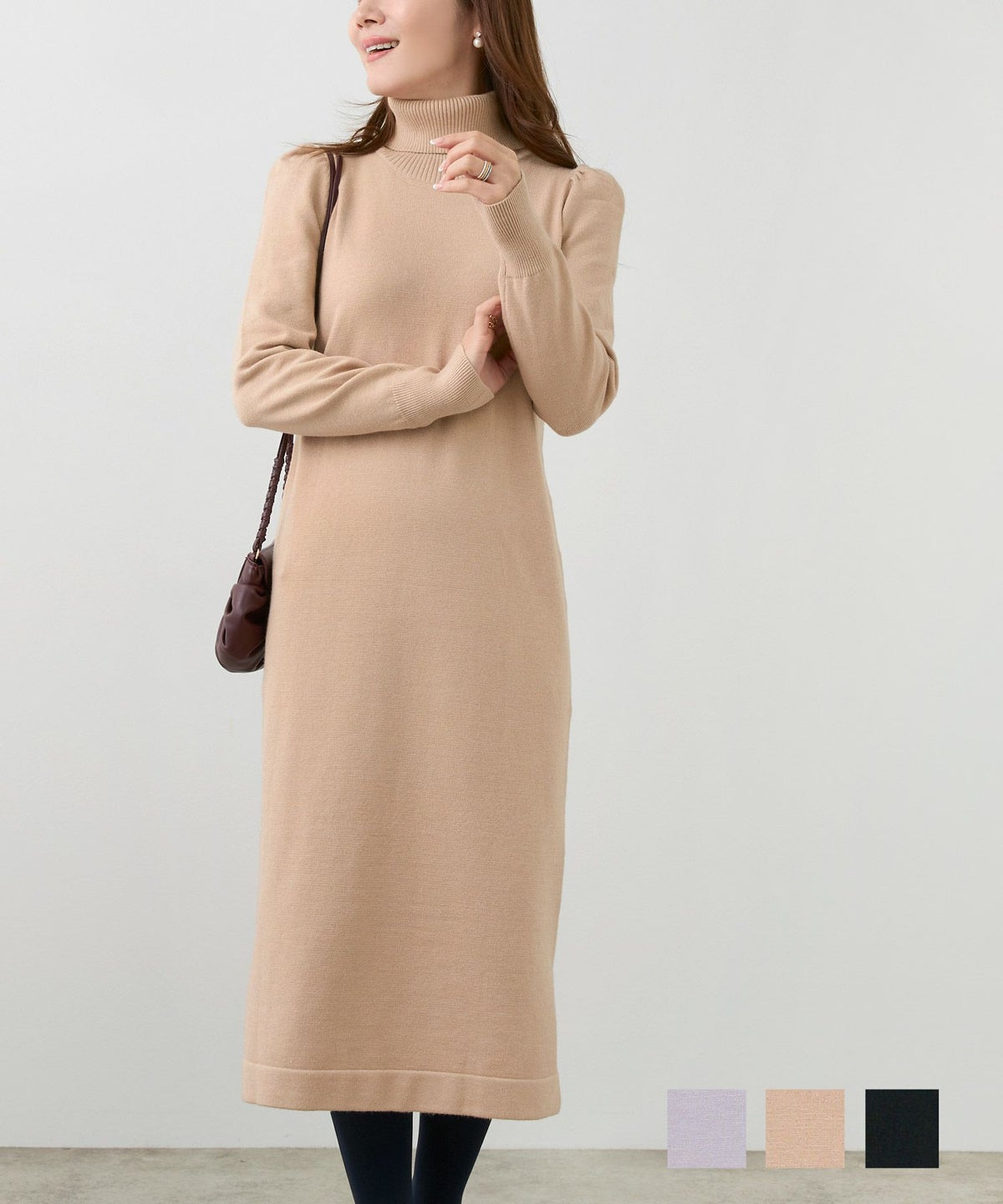 手洗い可 ニット ワンピース 秋冬 長袖 オフィス きれいめ 大人 洗濯 ベーシック 黒 ハイゲージ ロング ジョイントスペース バックスリットタートル ニット ワンピース Liala×PG