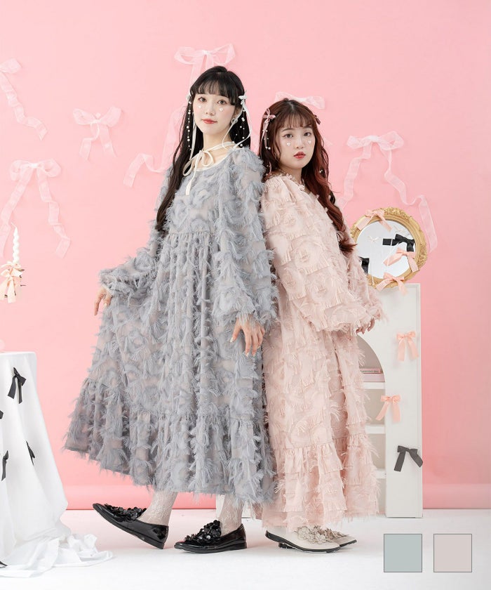 ラメ ジャガード ロング ドレス ボリューム ジャガード バックリボン ワンピース miolite