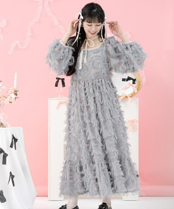 ラメ ジャガード ロング ドレス ボリューム /ブルーグレー/ピンクベージュ/M