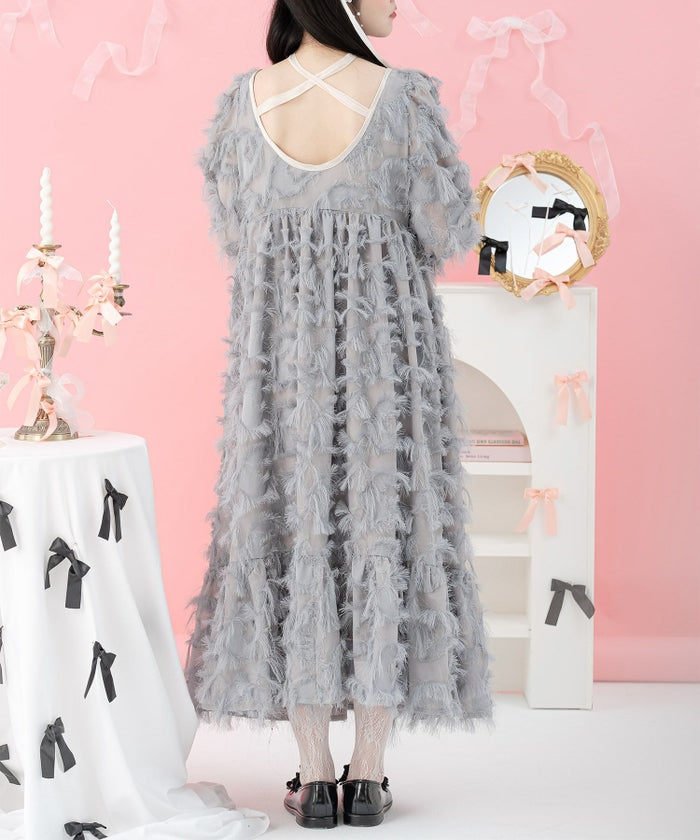 ラメ ジャガード ロング ドレス ボリューム /ブルーグレー/ピンクベージュ/M