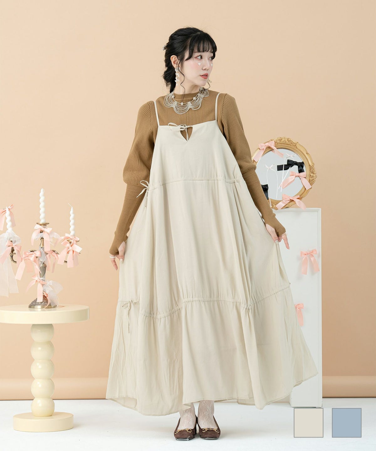 ストライプ フェミニン マキシ丈 ロング 秋 リボン キャミワンピース miolite