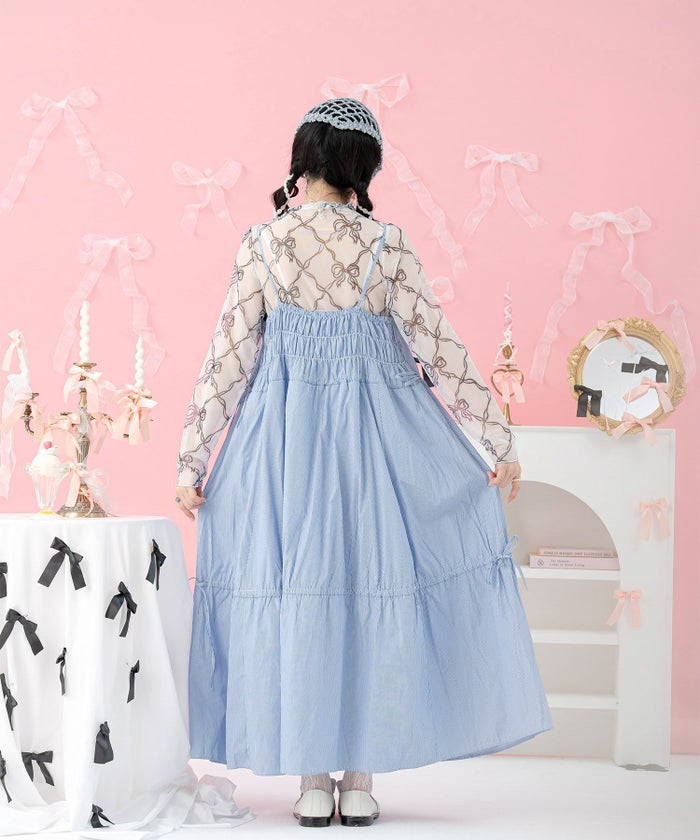 ストライプ フェミニン マキシ丈 ロング 秋 /アイボリー/ブルー/M