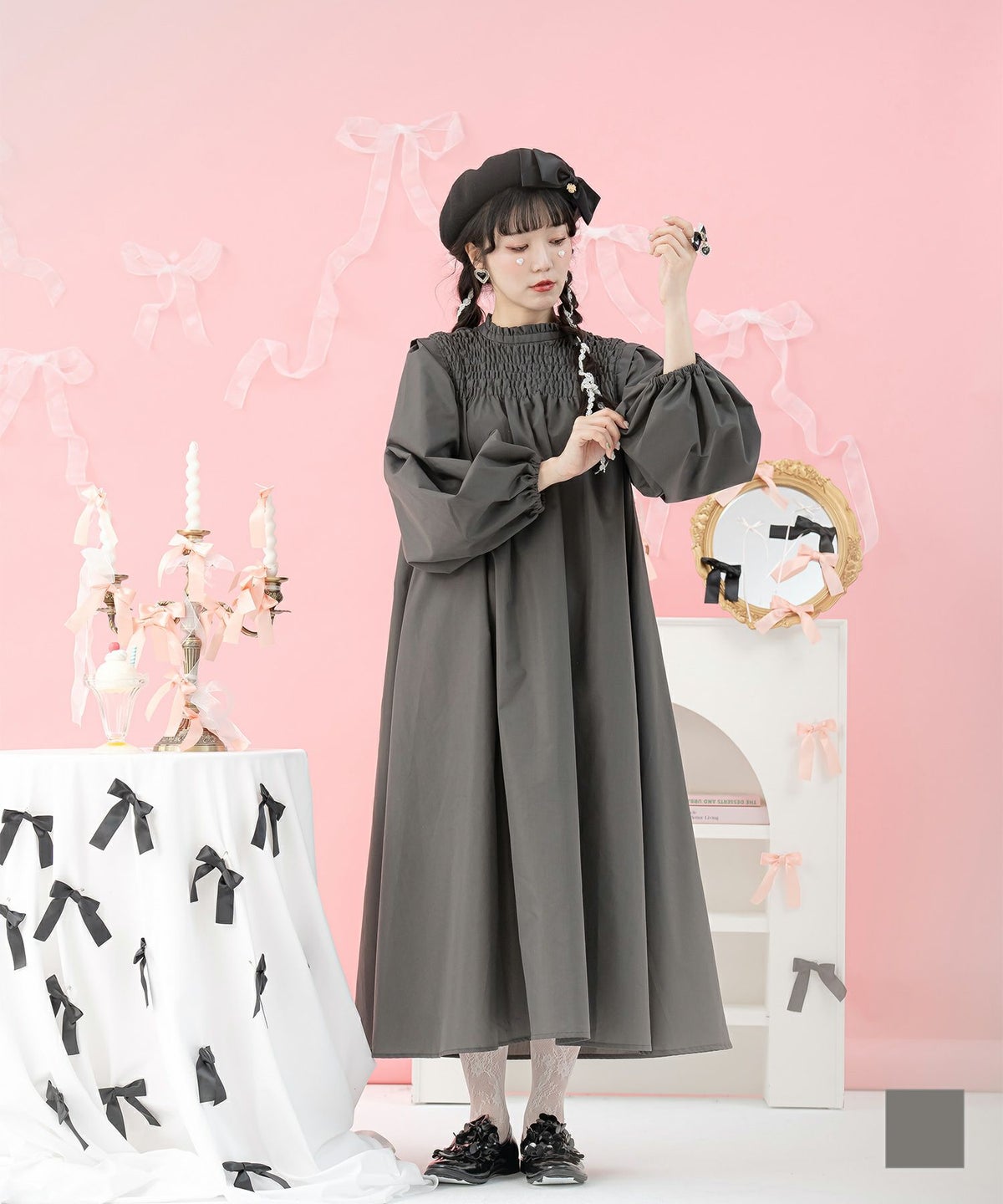 ガーリー ギャザー バルーンスリーブ クラシカル 秋 シャーリング Aライン ワンピース miolite