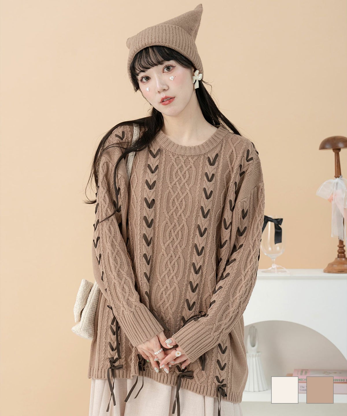 スウェード ケーブル編み 秋冬 ニット ガーリー ドロップショルダー レースアップ セーター miolite