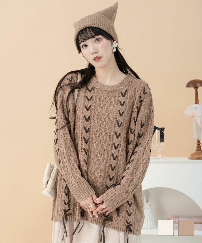 スウェード ケーブル編み 秋冬 ニット ガーリー ドロップショルダー レースアップ セーター miolite