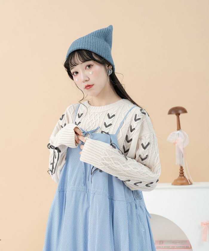 スウェード ケーブル編み 秋冬 ニット ガーリー ドロップショルダー/アイボリー/ベージュ/M