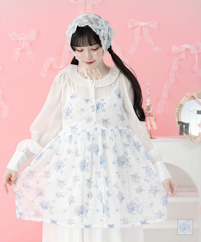 ハイウエスト フェミニン オリジナル シアー ネコ柄 プリント 肩リボン チュニック  miolite