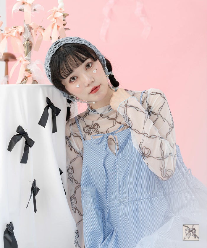 配色メロー レイヤード ストレッチ ガーリー 秋 リボン プリント シアー トップス miolite