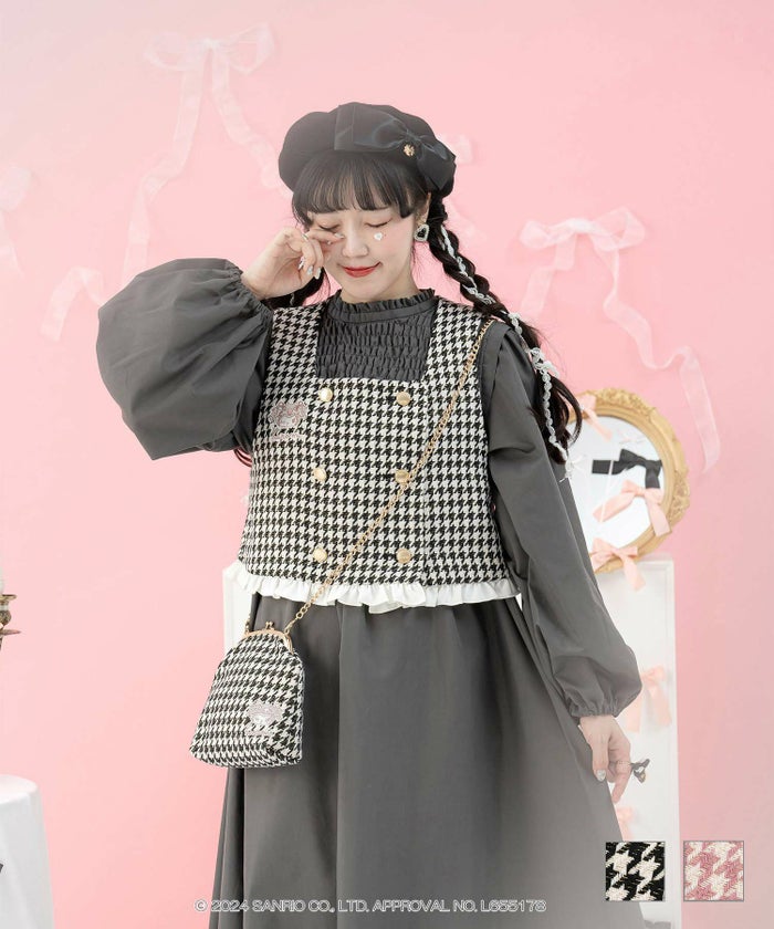 サンリオ マイメロディ クロミ 刺繍 ショート丈 ベスト スクエアネック サンリオキャラクターズ コラボ 千鳥柄刺しゅう ビスチェ miolite