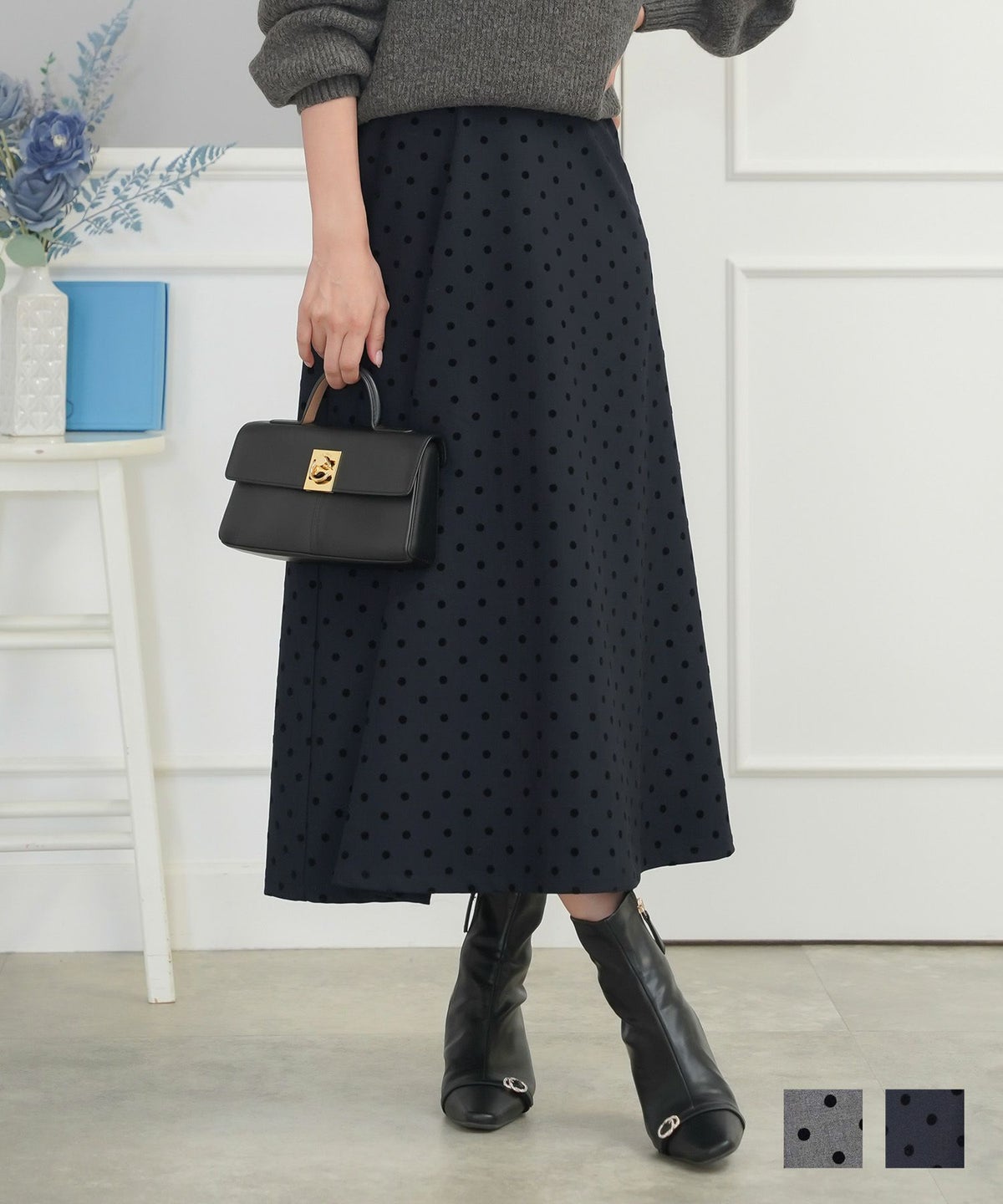 ボトムス スカート セミフレアスカート マーメイド フロッキー ドット柄 オールシーズン 春 秋  冬 夏 上品 エレガント フェミニン 大人 グレー ダークネイビー ブラック 配色 バイカラー ファスナー ウエストゴム フロッキードット セミフレア スカート le reve vaniller