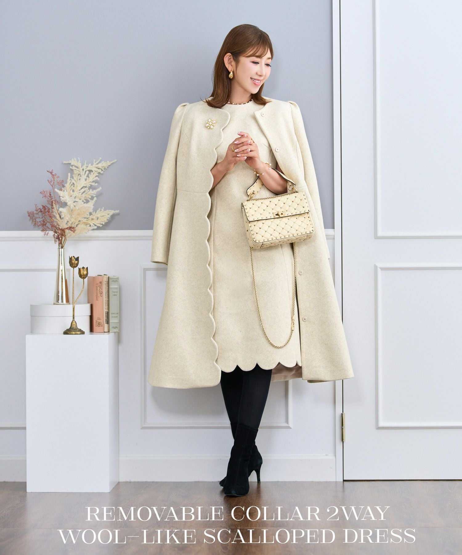 襟取外し可能 2WAY スカラップ ワンピース｜30代、40代、会食、デート