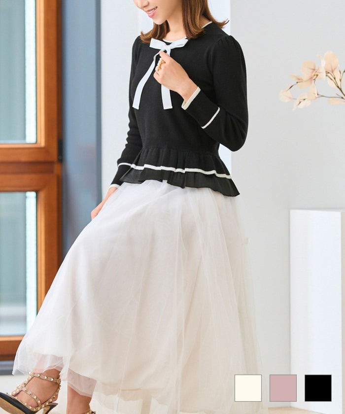 ニット レディース プルオーバー 白 長袖 薄手 おしゃれ おすすめ 可愛い 色 クルーネック バイカラー リボン フリル ジョイントスペース フリルレイヤード ニット リボンネック プルオーバー Prima Scherrer