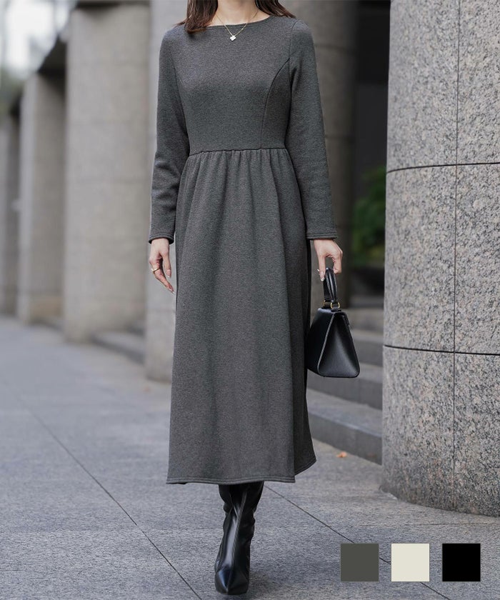 起毛 ベーシック シンプル 秋冬 ジョイントスペース ボンバーヒート フィットアンドフレア ワンピース HUIT