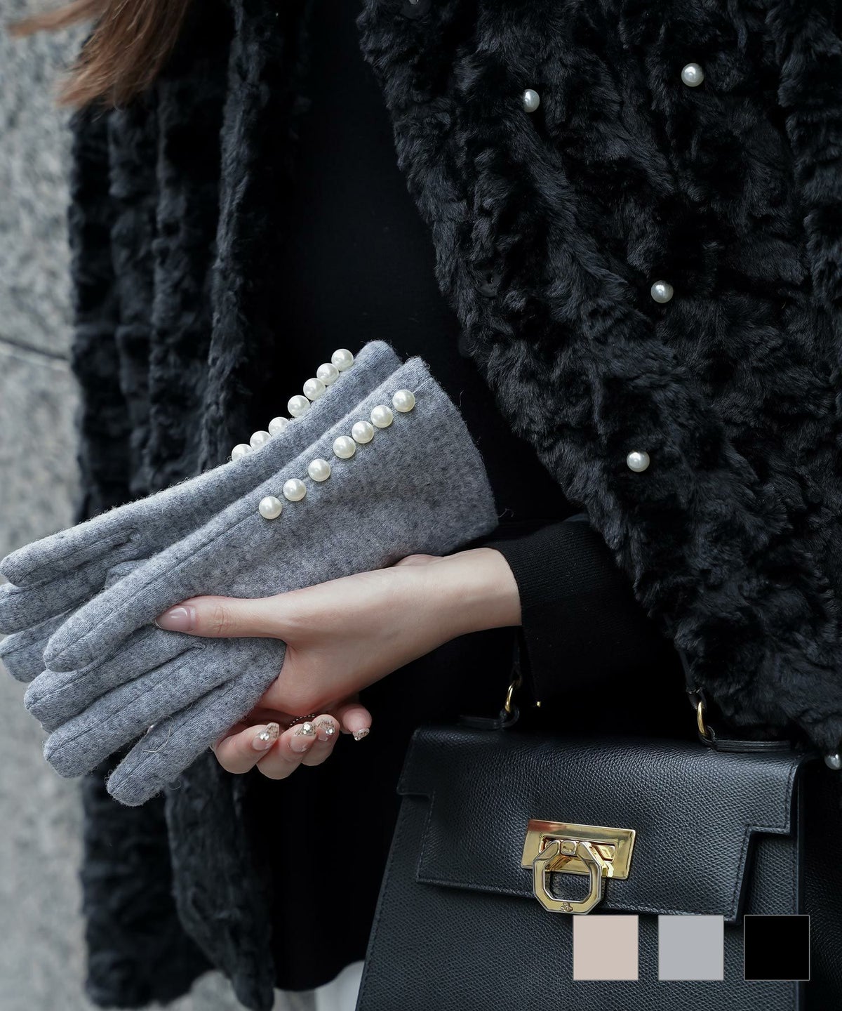 セレクト シンプル ウール ボア 防寒 秋冬 セレクト パールトリム グローブ HUIT