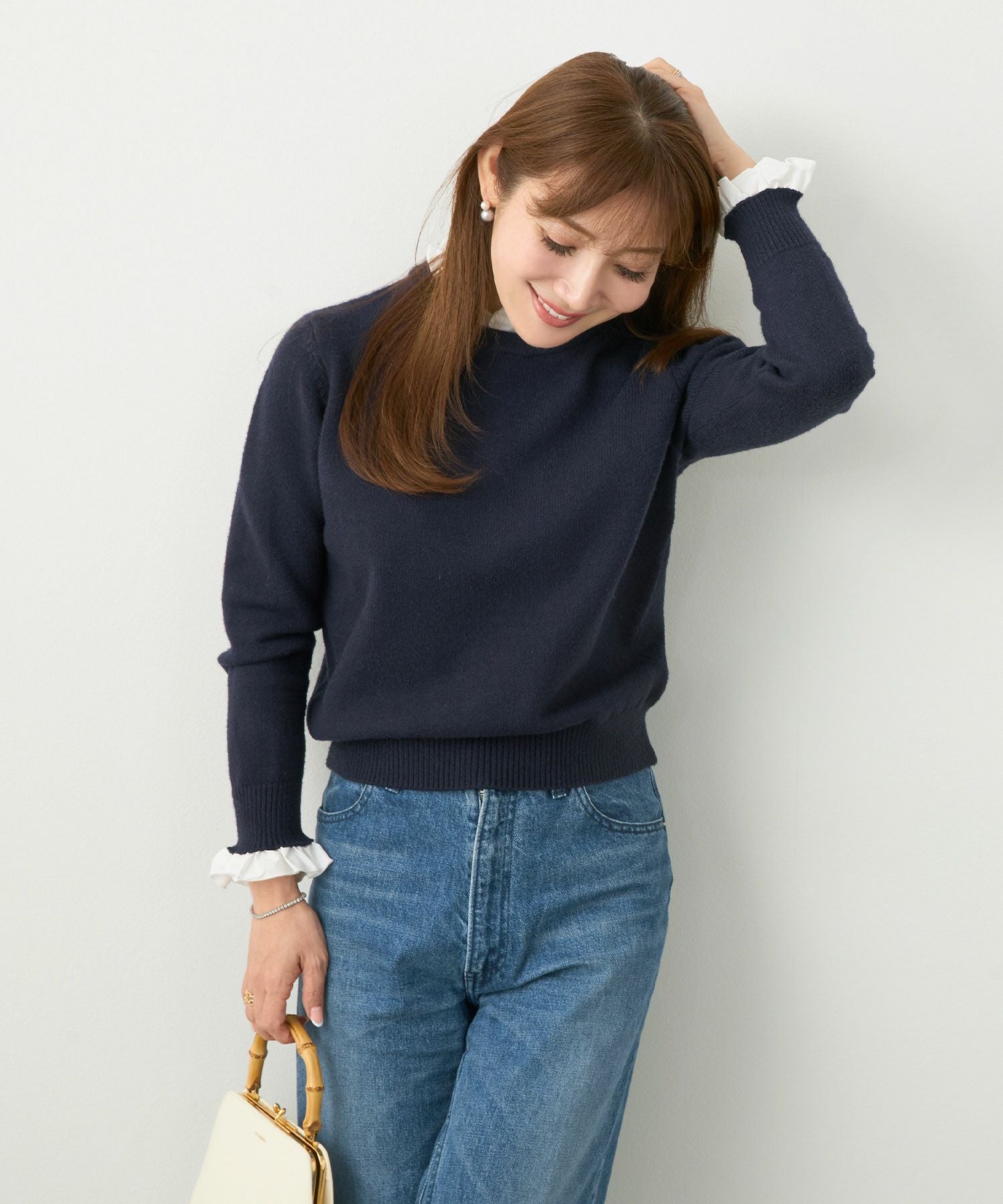 ネック 袖フリル ニット 長袖